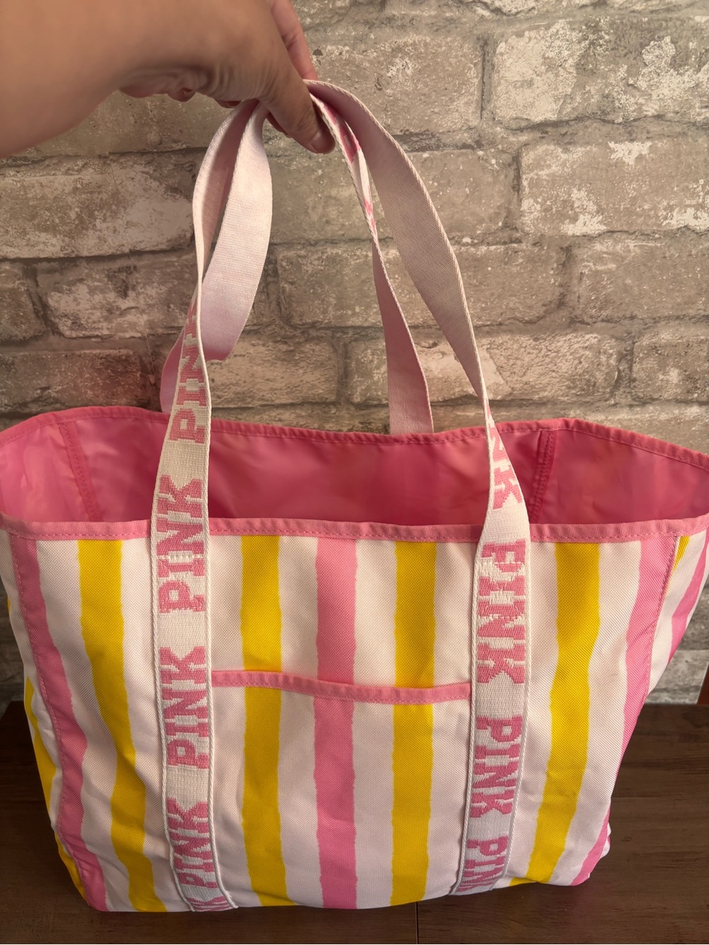 PINK Victoria's Secret Pink, Yellow & White Striped Canvas Tote
